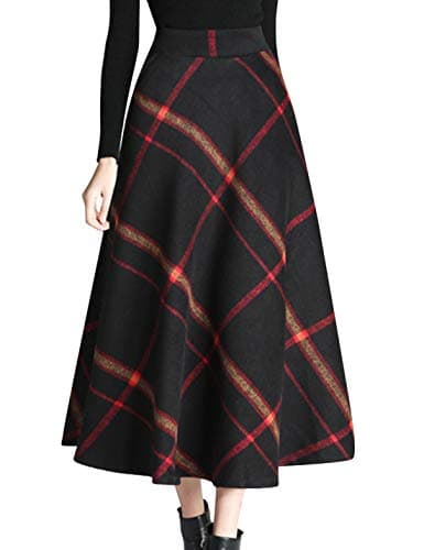 Women's Winter Wool Plaid A-Line Pleated Long Skirt — Black