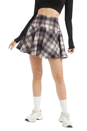 Urban CoCo Women's Vintage Elastic Waist Plaid Flared Mini Skirt — Grey Apricot