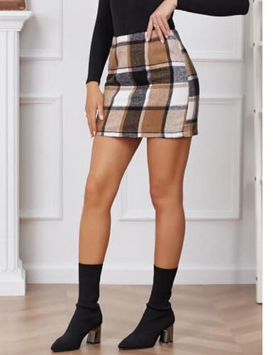 Mywinway Women's Plaid High Waist A-Line Skirt Fall Winter