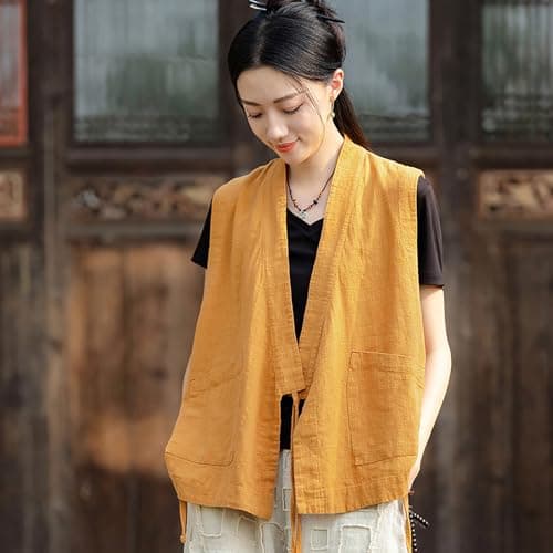 LUZU JUNU Women's Lightweight Cotton Linen Sleeveless Blazer Vest