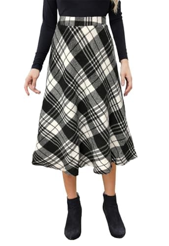 HERBATOMIA Women'sVintagePlaidMidiSkirtwithPocketWinterWarm — Black-white