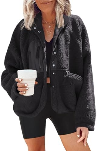Nirovien Women's Fuzzy Fleece Button Down Sherpa Coat Winter Warm Coat — Black