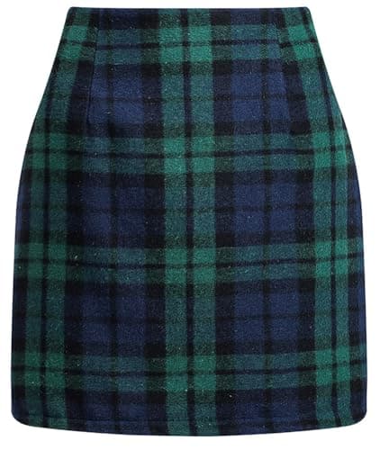 EachWell Women's High-Waist Plaid Wool Bodycon Mini Skirt — Dark Green
