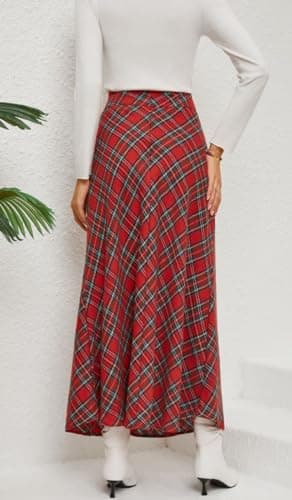 XQR Women's Vintage Plaid Maxi Skirt High Waist with Pockets