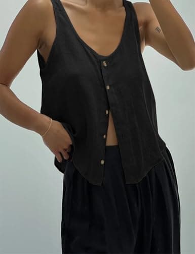 IDEALSANXUN Women's Linen Scoop Neck Button Down Sleeveless Top