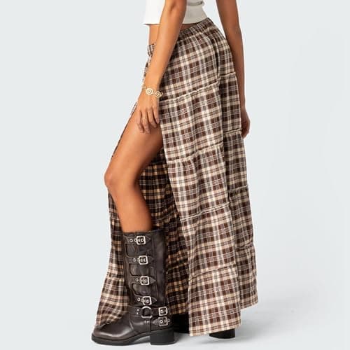 LAVASEON Women's Vintage Plaid Tiered Maxi Skirt with Elastic Waist