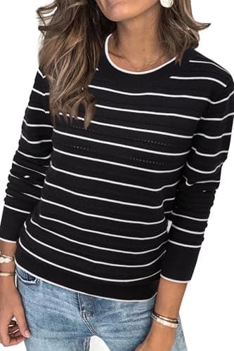 Womens Arach&Cloz Knit Sweater Long Sleeve Casual Spring Outfit Fashion — Striped Black White