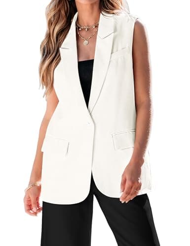 Luvamia Women's 2025 Spring Casual Long Sleeveless Open Front Blazer Vests Top Pockets Office Suit — Cream White