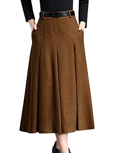 Tanming Women's Winter High Waist Pleated Wool Midi Skirt with Belt Loops