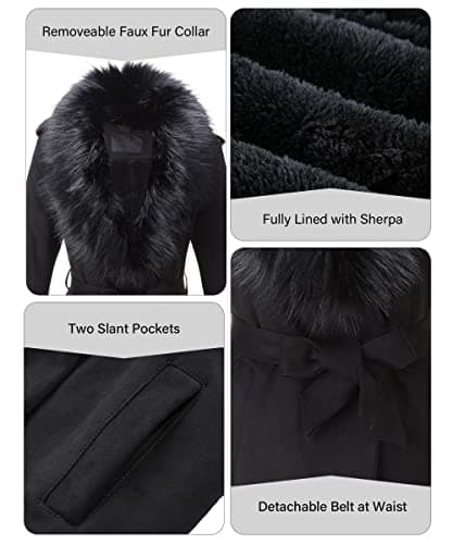 Bellivera Women's Faux Leather Trench Coat with Fleece Lining and Detachable Collar