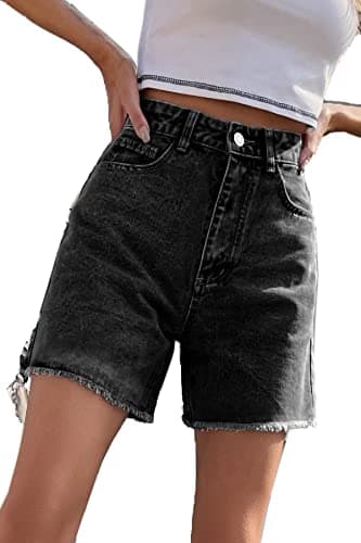 GOLDPKF Women's Mid-Waist Frayed Stretch Denim Shorts — C-black