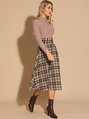 Allegra K Women's High Elastic Waist Tartan Midi Skirt