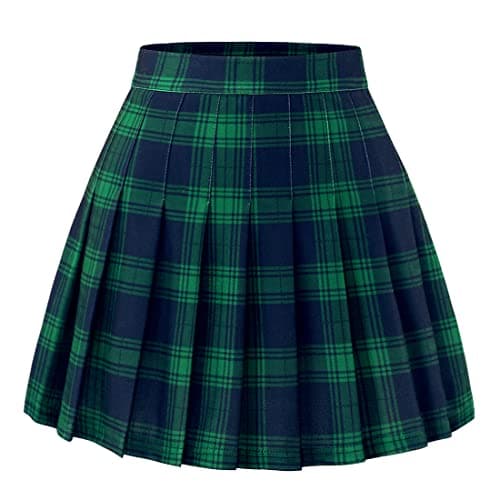 Pleated Skirts for Women: High Waist Mini Skater Tennis A-line Cheerleader — Green Navy Plaid
