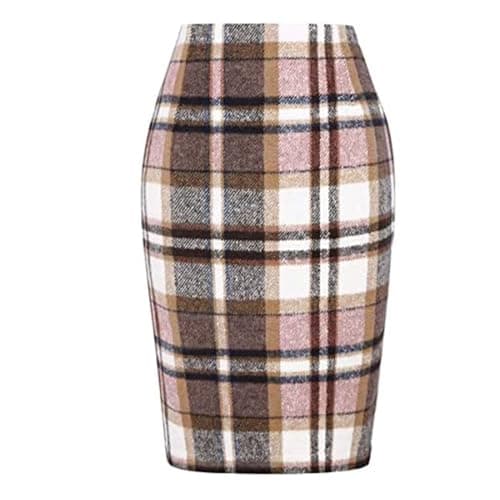 Yuemengxuan Women's Wool Plaid High Waist A-line Skirt — Midi Length Pink