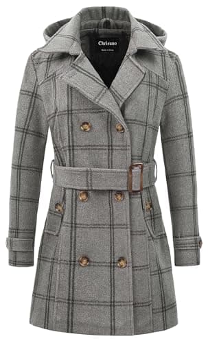 Chrisuno Women's Double Breasted Hooded Pea Coat — Grey Plaid
