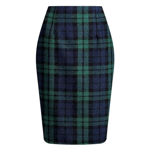 Womens High Waist Plaid Wool Bodycon Mini Skirt Slit — Blackish Green Grid