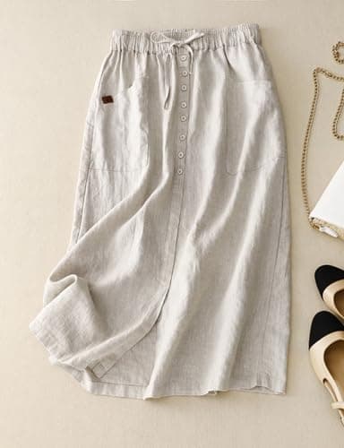 Flowy Linen Skirt for Women with Drawstring Waist and Slit