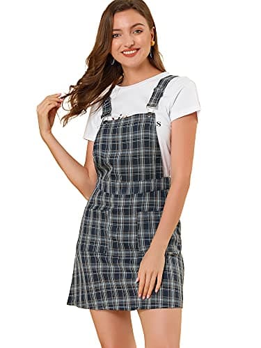 Women's Plaid Overall Dress with Adjustable Straps — Blue-brown