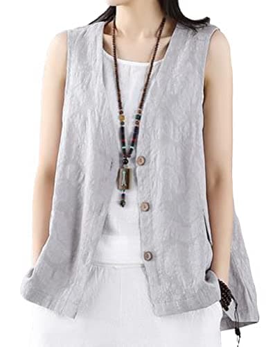 Cotton Linen Sleeveless Vest Women Fashion Casual Blazer — Grey