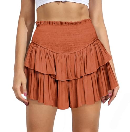 MiiVoo Women's High Waist Flowy Mini Skirt with Ruffle Detail — Brick Red