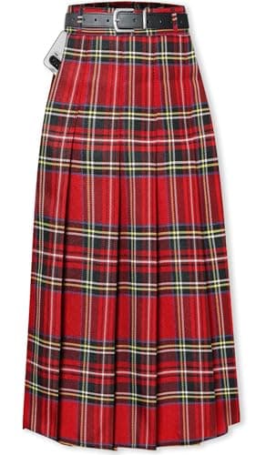 Cromoncent Womens High Waist Pleated Long Skirt with Pockets — Red Plaid