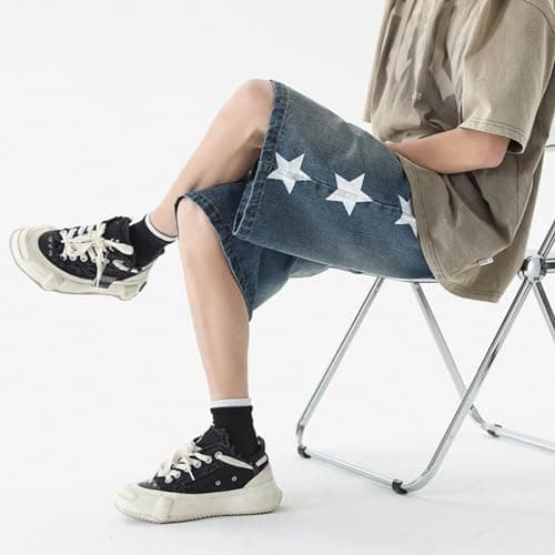 QJK Y2K Oversized Star Wash Jean Shorts