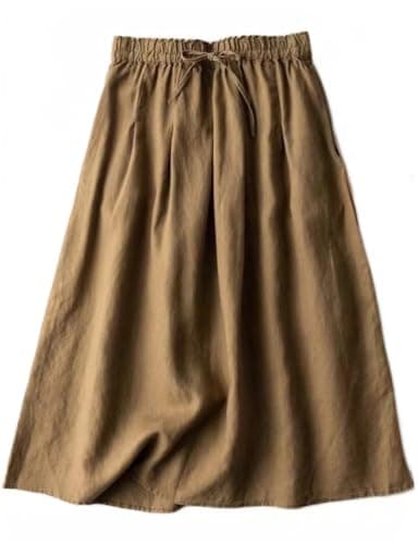 Linen Skirts for Women: A Line Casual Flowy Elastic High Waisted Drawstring Midi Skirt — Khaki