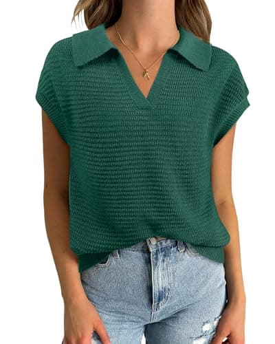 Hollow Out Cap Sleeve V Neck Sleeveless Sweater Vest for Women — Green