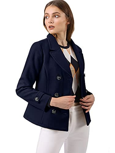 Allegra K Women's Notched Lapel Double Breasted Pea Coat — Dark Blue