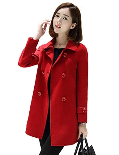 Ylingjun Women's Classic Fit Double Breasted Wool Pea Coat Outwear — Red