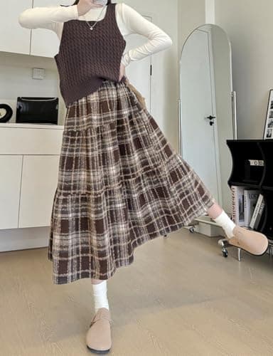 IDEALSANXUN Wool Plaid Midi Skirt for Women Fall Winter