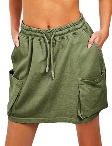 Cotton Skirts for Women Summer Casual Elastic High Waisted Mini Cargo Skirt with Pockets