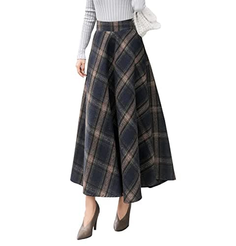 Artykey Women's High Waist Warm Plaid Wool Maxi Skirt S-3XL — F Dark Blue