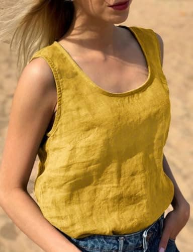 Lightweight Linen Tank Tops for Women- Crew Neck, Sleeveless Blouse