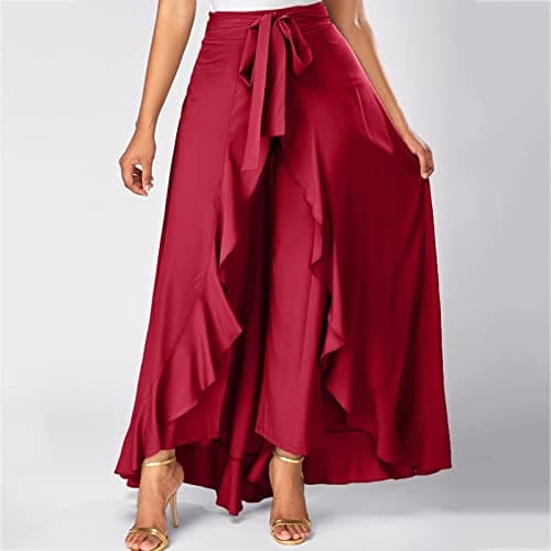 Women's High Waisted Ruffle Palazzo Pants — Red