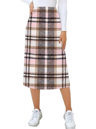 CYCLAMEN Women's High Waisted Wool A Line Midi Plaid Skirt — B Pink & Brown