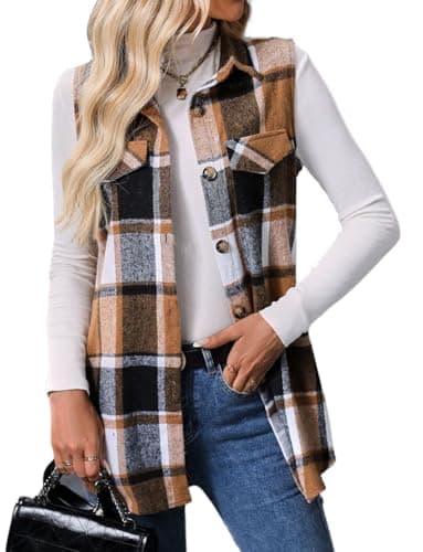 IDEALSANXUN Women's Plaid Flannel Sleeveless Jacket Cardigan Outerwear for Fall Winter — Brown New