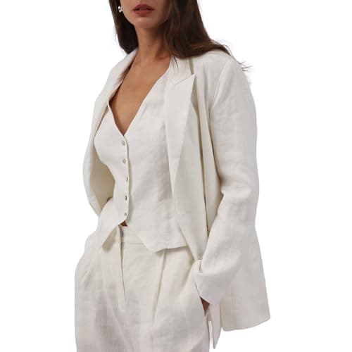Amazhiyu Women's Pure Linen Double-Breasted Notched Long Sleeve Blazer with Pockets