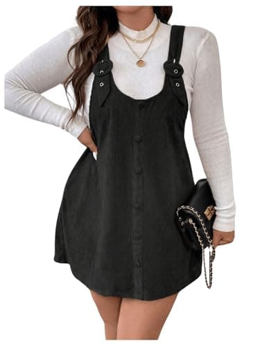 OYOANGLE Plus Size Corduroy Button Front Pinafore Dress