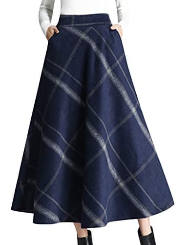 Women's Winter Wool Plaid A-Line Pleated Long Skirt — Navy Blue