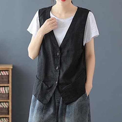 Woman Linen Button Down Sleeveless Camisole Top Coat