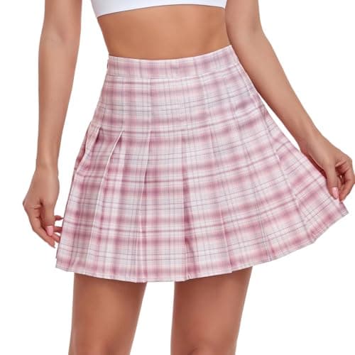 Tivifox Women's High-Waisted Pleated Skirt with Shorts Mini Skorts — Pink Plaid