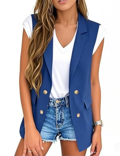 IDEALSANXUN Women's Double Breasted Sleeveless Blazer Jacket — Blue