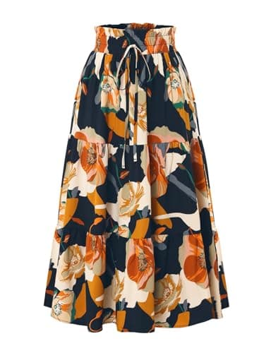 IDEALSANXUN Boho Flowy Tiered Midi Skirt for Women — Navy