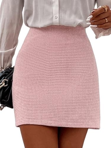 MakeMeChic Women's High Waist Houndstooth Mini Zipper Bodycon Skirt — Pink