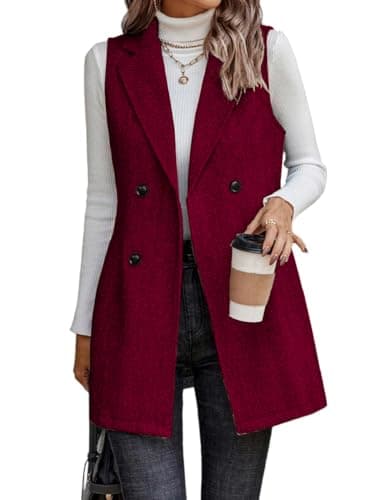 IDEALSANXUN Women's Sleeveless Tweed Long Vest Fall Jacket Cardigan Outerwear — Wine