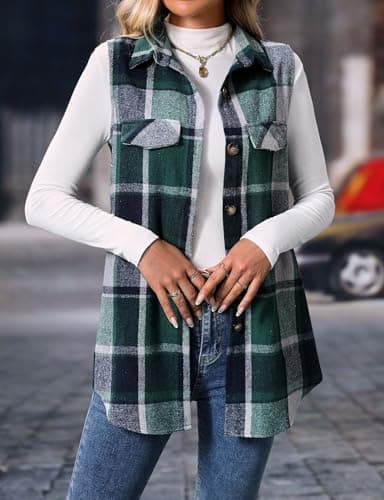 IDEALSANXUN Women's Plaid Flannel Sleeveless Jacket Cardigan Outerwear for Fall Winter