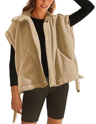 Athlisan Womens Sherpa Jacket with Pockets Casual Fleece Vest — Khaki