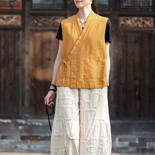 LUZU JUNU Women's Lightweight Cotton Linen Sleeveless Blazer Vest