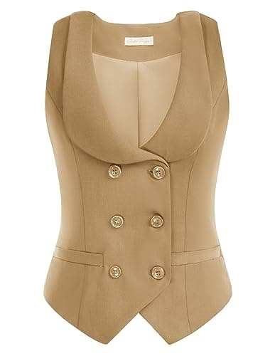 Belle Poque Women's Double Breasted Waistcoat with Vintage Lapel Collar & 2 Pockets — Light Khaki